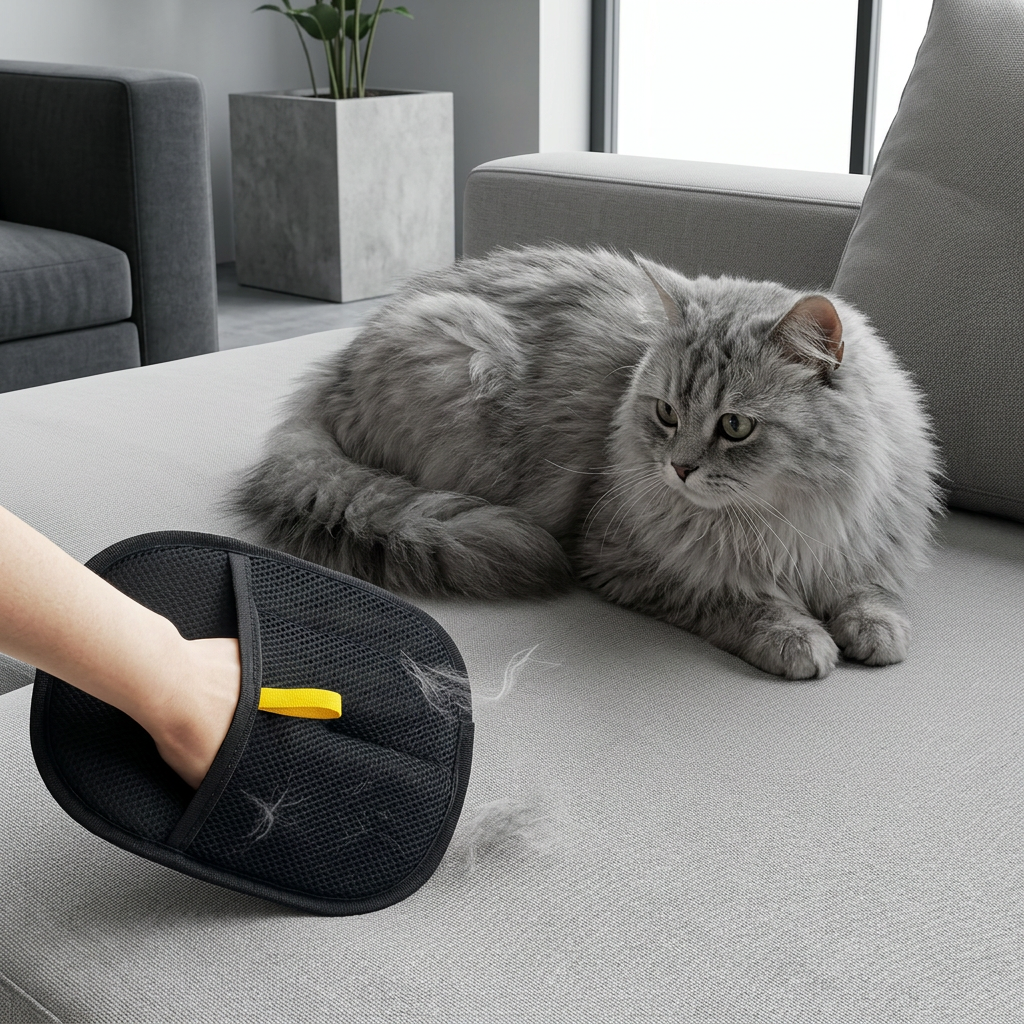 Mitt cleaning sofa beside grey cat