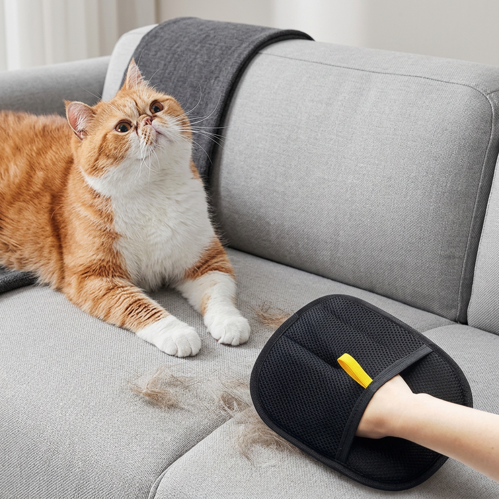 Mitt sofa-cleaning scene with orange cat